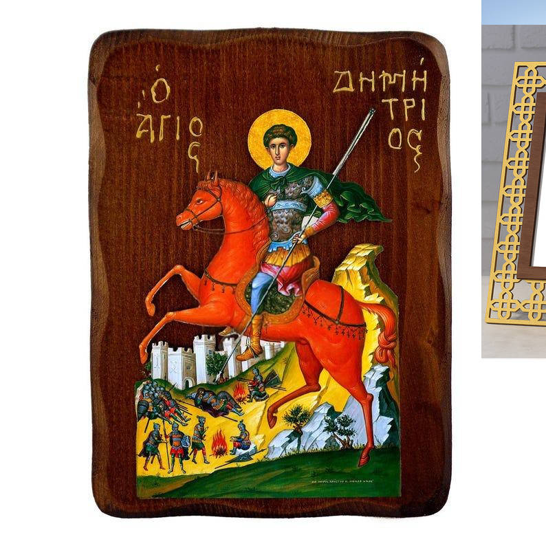 Εικόνα Ορθοδοξίας Πολυτελείας  με  σχεδιο Σταυρούς μαζι με  Βάση σε  8 χρώματα με περίγραμμα χρυσό σε ξύλο Plywood (Πλακάζ)   με  βάση Εικόνα Αγίου Δημητρίου, Χειροποίητη ελληνορθόδοξη εικόνα του Αγίου Δημητρίου, επιτοίχια πλάκα βυζαντινής τέχνης, θρησκευτικό δώρο, χριστιανική διακόσμηση Διάσταση 50x40 cm (19,7 x 15,8 ίντσες)  INTRAEK3kadro3211-6543216724191