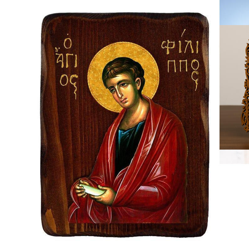 Εικόνα Ορθοδοξίας Δαντέλα μαζι με  Βάση σε  8 χρώματα με περίγραμμα χρυσό σε ξύλο Plywood (Πλακάζ)   με  βάση Εικόνα Αγίου Φιλίππου, Χειροποίητη Ελληνορθόδοξη εικόνα του Αγίου Φιλίππου, επιτοίχια πλάκα βυζαντινής τέχνης, θρησκευτικό δώρο, χριστιανική διακόσμηση Διάσταση 50x40 cm (19,7 x 15,8 ίντσες)  INTRAEKkadro3211-6543216723709