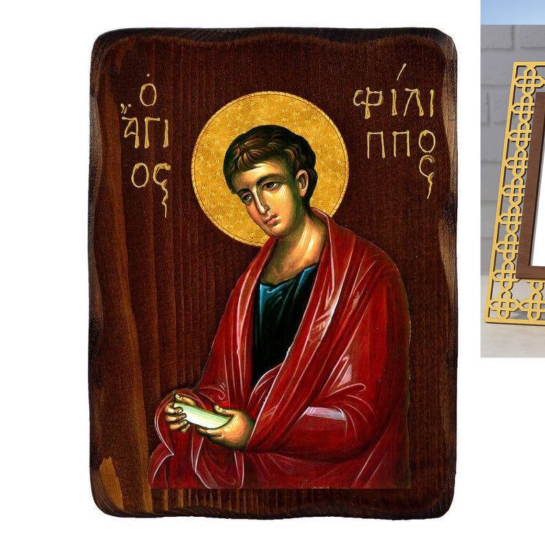 Εικόνα Ορθοδοξίας Πολυτελείας  με  σχεδιο Σταυρούς μαζι με  Βάση σε  8 χρώματα με περίγραμμα χρυσό σε ξύλο Plywood (Πλακάζ)   με  βάση Εικόνα Αγίου Φιλίππου, Χειροποίητη Ελληνορθόδοξη εικόνα του Αγίου Φιλίππου, επιτοίχια πλάκα βυζαντινής τέχνης, θρησκευτικό δώρο, χριστιανική διακόσμηση Διάσταση 10x7 cm (3,9 x 2,8 ίντσες) INTRAEK3kadro3211-816723709