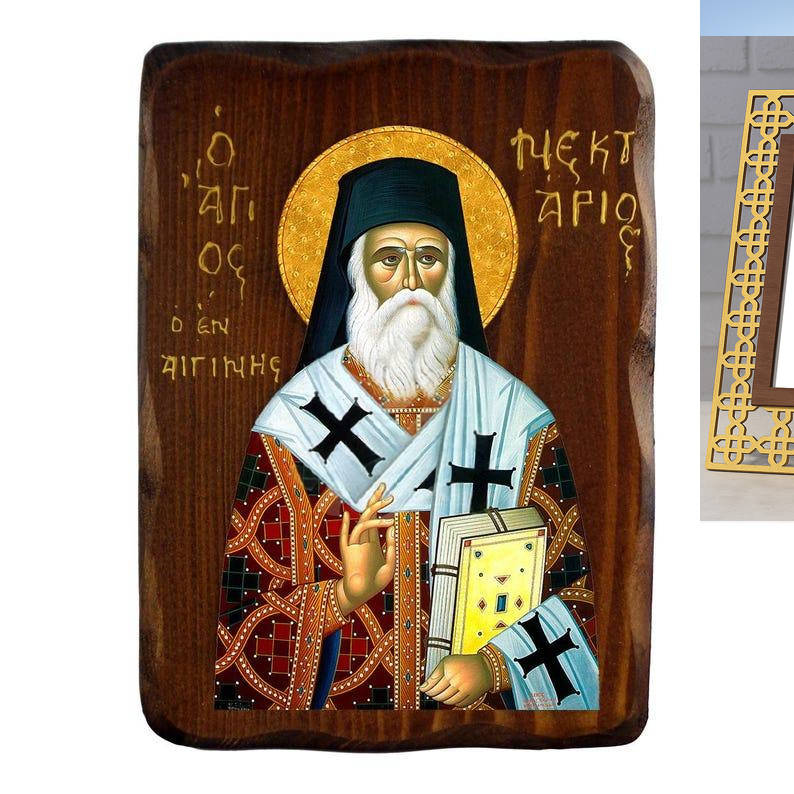 Εικόνα Ορθοδοξίας Πολυτελείας  με  σχεδιο Σταυρούς μαζι με  Βάση σε  8 χρώματα με περίγραμμα χρυσό σε ξύλο Plywood (Πλακάζ)   με  βάση Εικόνα Αγίου Νεκταρίου, Χειροποίητη Ελληνορθόδοξη εικόνα του Αγίου Νεκταρίου, επιτοίχια πλάκα βυζαντινής τέχνης, θρησκευτικό δώρο, χριστιανική διακόσμηση Διάσταση 21x15 cm (8,3 x 5,9 ίντσες) INTRAEK3kadro3211-216724149