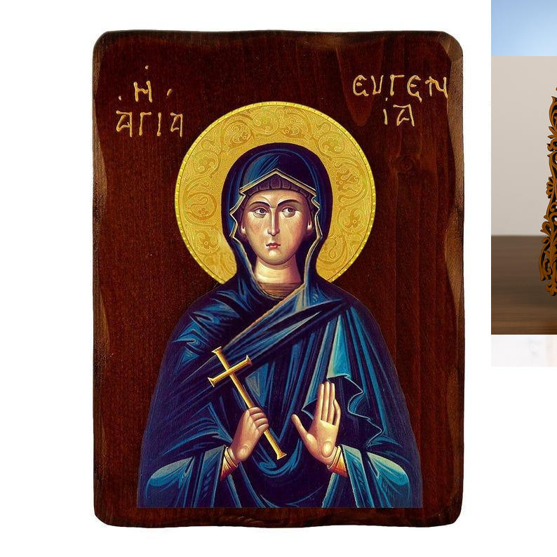 Εικόνα Ορθοδοξίας Δαντέλα μαζι με  Βάση σε  8 χρώματα με περίγραμμα χρυσό σε ξύλο Plywood (Πλακάζ)   με  βάση Εικόνα Αγίας Ευγενίας, Χειροποίητη ελληνορθόδοξη εικόνα της Αγίας Ευγενίας, επιτοίχια πλάκα βυζαντινής τέχνης, θρησκευτικό δώρο, χριστιανική διακόσμηση Διάσταση 21x15 cm (8,3 x 5,9 ίντσες) INTRAEKkadro3211-216723990
