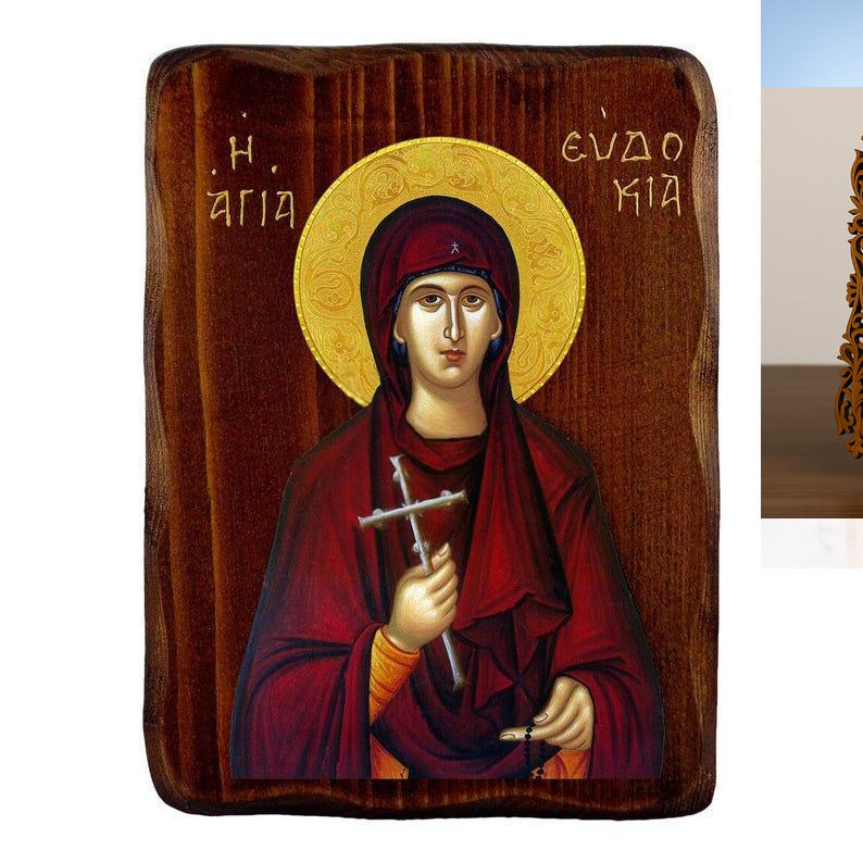 Εικόνα Ορθοδοξίας Δαντέλα μαζι με  Βάση σε  8 χρώματα με περίγραμμα χρυσό σε ξύλο Plywood (Πλακάζ)   με  βάση Εικόνα Αγίας Ευδοκίας, Χειροποίητη ελληνορθόδοξη εικόνα της Αγίας Ευδοκίας, επιτοίχια πλάκα βυζαντινής τέχνης, θρησκευτικό δώρο, χριστιανική διακόσμηση Διάσταση 21x15 cm (8,3 x 5,9 ίντσες) INTRAEKkadro3211-216723985