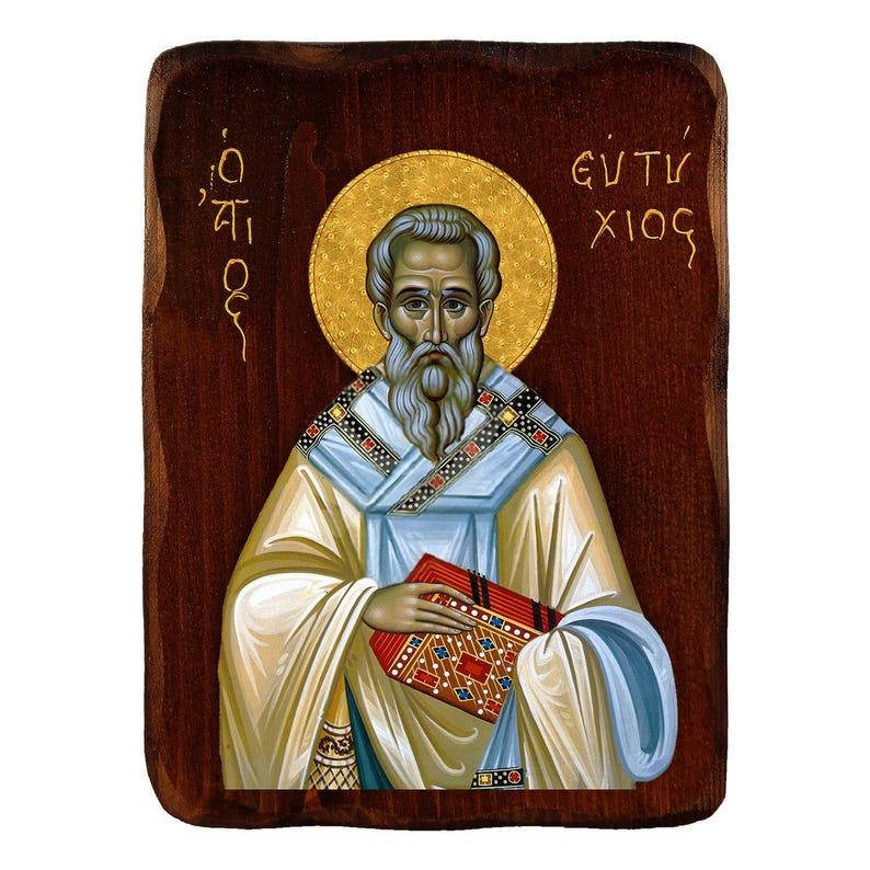Εικόνα Ορθοδοξίας με περίγραμμα χρυσό σε ξύλο Φλαμουρίας  με  βάση Εικόνα Αγίου Ευτυχίου, Χειροποίητη ελληνορθόδοξη εικόνα του Αγίου Ευτυχίου, επιτοίχια πλάκα βυζαντινής τέχνης, θρησκευτικό δώρο, χριστιανική διακόσμηση Διάσταση 40x30 cm (15,8 x 11,8 ίντσες)INTRAEK-43216723983