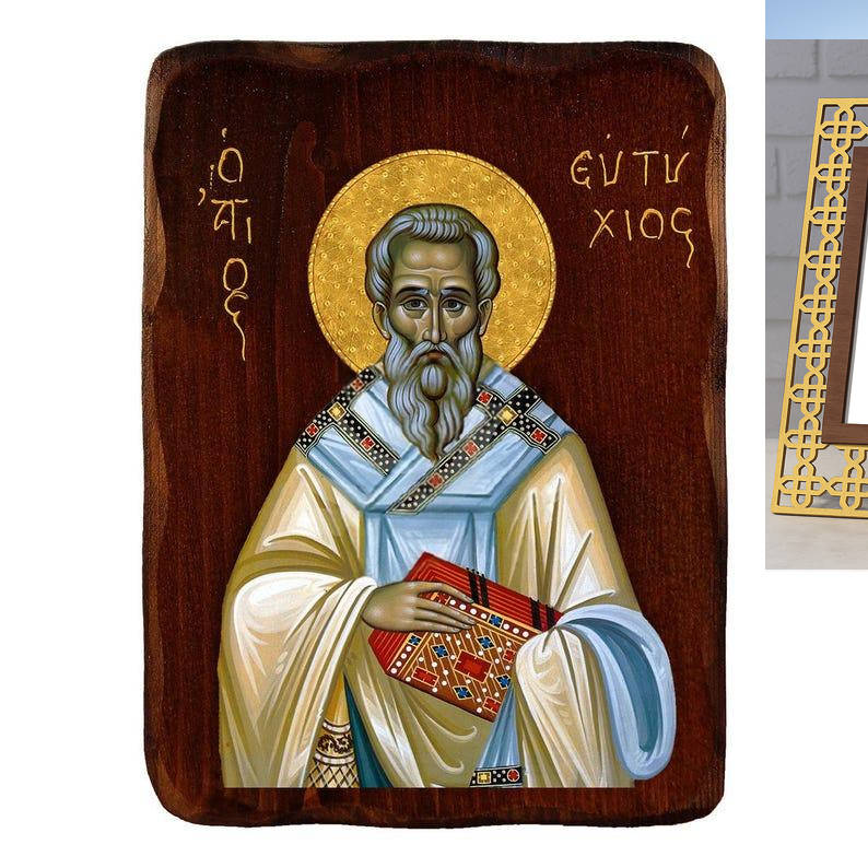 Εικόνα Ορθοδοξίας Πολυτελείας  με  σχεδιο Σταυρούς μαζι με  Βάση σε  8 χρώματα με περίγραμμα χρυσό σε ξύλο Plywood (Πλακάζ)   με  βάση Εικόνα Αγίου Ευτυχίου, Χειροποίητη ελληνορθόδοξη εικόνα του Αγίου Ευτυχίου, επιτοίχια πλάκα βυζαντινής τέχνης, θρησκευτικό δώρο, χριστιανική διακόσμηση Διάσταση 26×20 cm (10,2 x 7,9 ίντσες) INTRAEK3kadro3211-3216723983