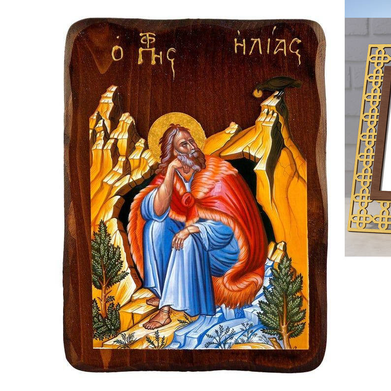 Εικόνα Ορθοδοξίας Πολυτελείας  με  σχεδιο Σταυρούς μαζι με  Βάση σε  8 χρώματα με περίγραμμα χρυσό σε ξύλο Plywood (Πλακάζ)   με  βάση Εικόνα Προφήτη Ηλία, Χειροποίητη ελληνορθόδοξη εικόνα του Προφήτη Ηλία, επιτοίχια πλάκα βυζαντινής τέχνης, θρησκευτικό δώρο, χριστιανική διακόσμηση Διάσταση 26x20 cm (10,2 x 7,9 ίντσες) INTRAEK3kadro3211-3216723982