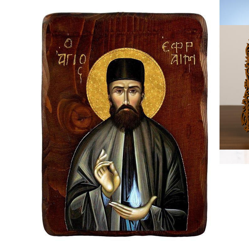 Εικόνα Ορθοδοξίας Δαντέλα μαζι με  Βάση σε  8 χρώματα με περίγραμμα χρυσό σε ξύλο Plywood (Πλακάζ)   με  βάση Εικόνα Αγίου Εφραίμ, Χειροποίητη ελληνορθόδοξη εικόνα του Αγίου Εφραίμ, επιτοίχια πλάκα βυζαντινής τέχνης, θρησκευτικό δώρο, χριστιανική διακόσμηση Διάσταση 50x40 cm (19,7 x 15,8 ίντσες)  INTRAEKkadro3211-6543216723761