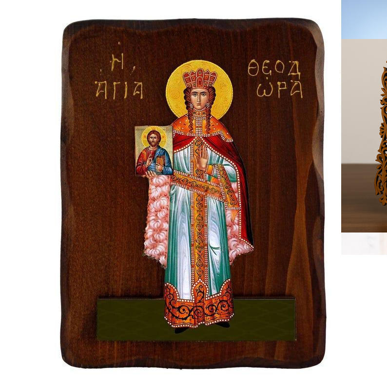 Εικόνα Ορθοδοξίας Δαντέλα μαζι με  Βάση σε  8 χρώματα με περίγραμμα χρυσό σε ξύλο Plywood (Πλακάζ)   με  βάση Εικόνα Αγίας Θεοδώρας, Χειροποίητη ελληνορθόδοξη εικόνα της Αγίας Θεοδώρας, επιτοίχια πλάκα βυζαντινής τέχνης, θρησκευτικό δώρο, χριστιανική διακόσμηση Διάσταση 50x40 cm (19,7 x 15,8 ίντσες)  INTRAEKkadro3211-6543216723980