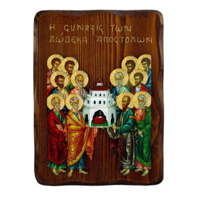 Εικόνα Ορθοδοξίας με περίγραμμα χρυσό σε ξύλο Φλαμουρίας  με  βάση Εικόνα Σύναξη των Αγίων Δώδεκα Αποστόλων, Χειροποίητη Ελληνική εικόνα Σύναξις, επιτοίχια βυζαντινή τέχνη, θρησκευτικό δώρο, χριστιανική διακόσμηση Διάσταση 45x35 cm (17,7 x 13,8 ίντσες) INTRAEK-543216723972 - Image 1