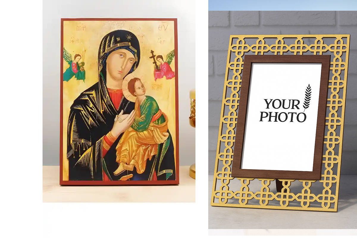 Εικόνα Ορθοδοξίας Πολυτελείας  με  σχεδιο Σταυρούς μαζι με  Βάση σε  8 χρώματα με περίγραμμα χρυσό σε ξύλο Plywood (Πλακάζ)   με  βάση Παναγία της Αιώνιας Βοήθειας με τον Ιησού, Ξύλινη Χειροποίητη Εικόνα Ελληνικού Βυζαντινού Στυλ σε τοίχο Κρεμαστή σε Ξυλόπλακα Θρησκευτικό θέμα Χειροποίητη Ελληνορθόδοξη εικόνα του Ιησού Χριστού, Κρεμαστή πλάκα βυζαντινής τέχνης, χριστιανική τέχνη Διάσταση 40x30 cm (15,8 x 11,8 ίντσες)  INTRAEK3kadro3211-2110804