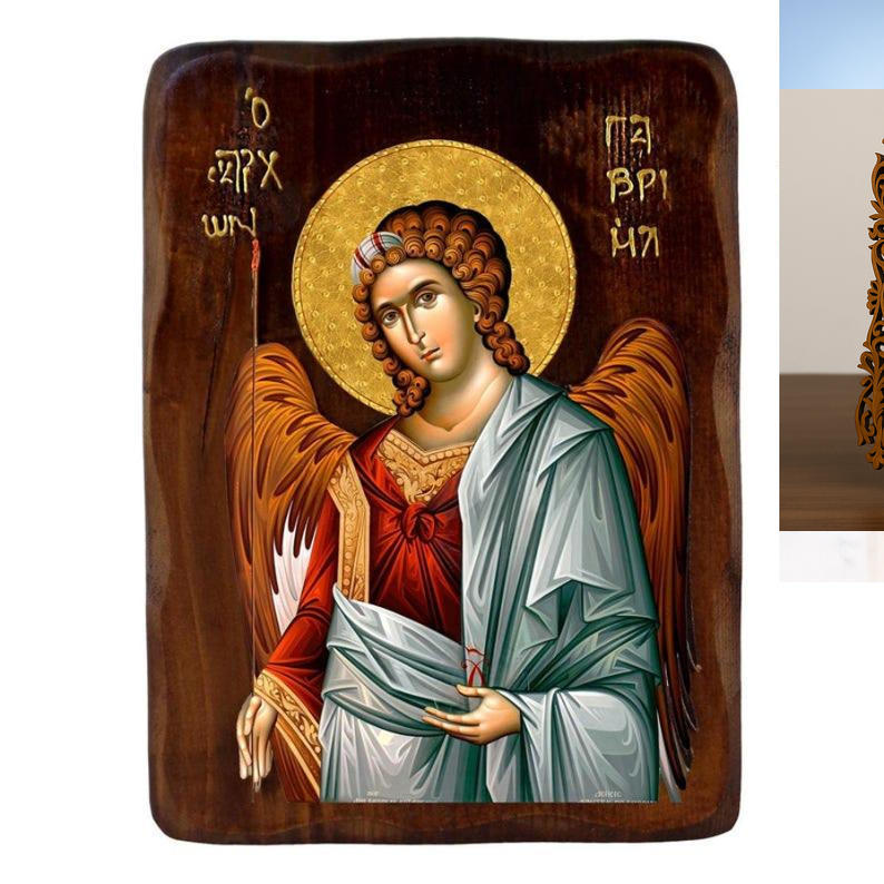 Εικόνα Ορθοδοξίας Δαντέλα μαζι με  Βάση σε  8 χρώματα με περίγραμμα χρυσό σε ξύλο Plywood (Πλακάζ)   με  βάση Εικόνα Αρχαγγέλου Γαβριήλ, Χειροποίητη ελληνική εικόνα του Αρχαγγέλου Γαβριήλ, επιτοίχια πλάκα βυζαντινής τέχνης, θρησκευτικό δώρο, χριστιανική διακόσμηση Διάσταση 50x40 cm (19,7 x 15,8 ίντσες)  INTRAEKkadro3211-6543216723737