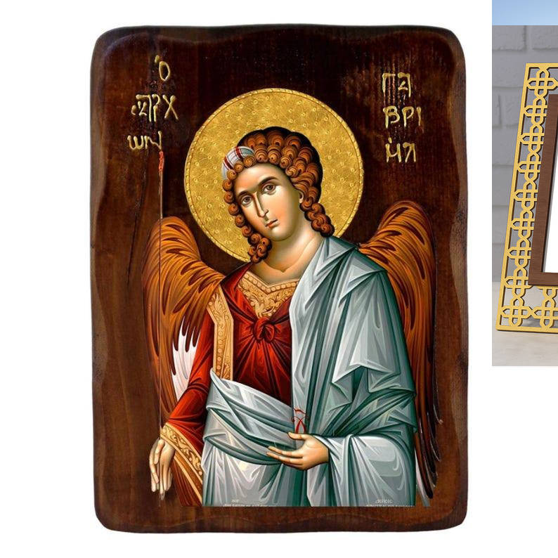 Εικόνα Ορθοδοξίας Πολυτελείας  με  σχεδιο Σταυρούς μαζι με  Βάση σε  8 χρώματα με περίγραμμα χρυσό σε ξύλο Plywood (Πλακάζ)   με  βάση Εικόνα Αρχαγγέλου Γαβριήλ, Χειροποίητη ελληνική εικόνα του Αρχαγγέλου Γαβριήλ, επιτοίχια πλάκα βυζαντινής τέχνης, θρησκευτικό δώρο, χριστιανική διακόσμηση Διάσταση 50x40 cm (19,7 x 15,8 ίντσες)  INTRAEK3kadro3211-6543216723737