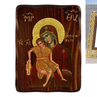 Εικόνα Ορθοδοξίας Πολυτελείας  με  σχεδιο Σταυρούς μαζι με  Βάση σε  8 χρώματα με περίγραμμα χρυσό σε ξύλο Plywood (Πλακάζ)   με  βάση Εικόνα Παναγίας Άξιον Εστίν, Χειροποίητη Ελληνική εικόνα Παναγίας Άξιον Εστίν, επιτοίχια πλάκα βυζαντινής τέχνης, θρησκευτικό δώρο, χριστιανική διακόσμηση Διάσταση 26x20 cm (10,2 x 7,9 ίντσες) INTRAEK3kadro3211-3216723937 - Image 1