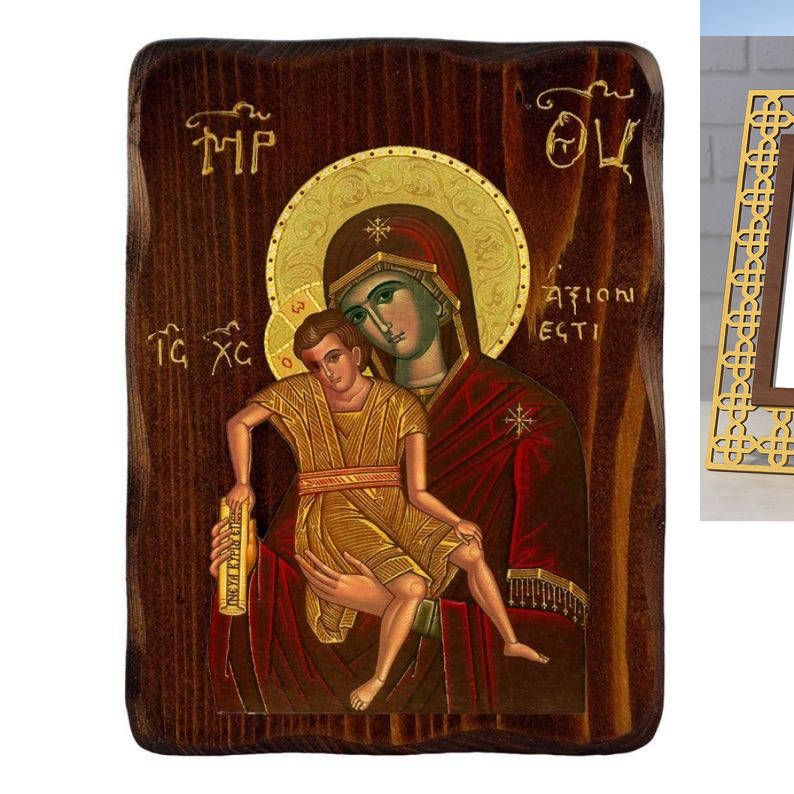 Εικόνα Ορθοδοξίας Πολυτελείας  με  σχεδιο Σταυρούς μαζι με  Βάση σε  8 χρώματα με περίγραμμα χρυσό σε ξύλο Plywood (Πλακάζ)   με  βάση Εικόνα Παναγίας Άξιον Εστίν, Χειροποίητη Ελληνική εικόνα Παναγίας Άξιον Εστίν, επιτοίχια πλάκα βυζαντινής τέχνης, θρησκευτικό δώρο, χριστιανική διακόσμηση Διάσταση 40x30 cm (15,8 x 11,8 ίντσες)INTRAEK3kadro3211-43216723937