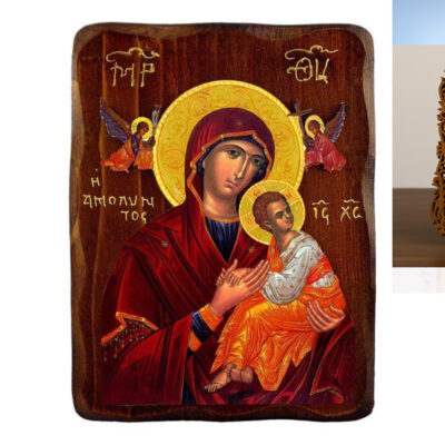 Εικόνα Ορθοδοξίας Δαντέλα μαζι με  Βάση σε  8 χρώματα με περίγραμμα χρυσό σε ξύλο Plywood (Πλακάζ)   με  βάση Εικόνα της αμόλυντης Παναγίας, Χειροποίητη ελληνική εικόνα της Παναγίας της Αμολύντου, επιτοίχια πλάκα βυζαντινής τέχνης, θρησκευτικό δώρο, χριστιανική διακόσμηση Διάσταση 50x40 cm (19,7 x 15,8 ίντσες)  INTRAEKkadro3211-6543216723936 - Image 1
