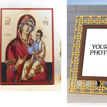 Εικόνα Ορθοδοξίας Πολυτελείας  με  σχεδιο Σταυρούς μαζι με  Βάση σε  8 χρώματα με περίγραμμα χρυσό σε ξύλο Plywood (Πλακάζ)   με  βάση Η Παναγία η Οδηγήτρια με τον Ιησού, Ξύλινη Χειροποίητη Εικόνα Ελληνικού Βυζαντινού Στυλ Κρεμαστή σε Ξύλινη Πλάκα Θρησκευτικό Θέμα Χειροποίητη Ελληνορθόδοξη εικόνα του Ιησού Χριστού, Κρεμαστή πλάκα βυζαντινής τέχνης, χριστιανική τέχνη Διάσταση 40x30 cm (15,8 x 11,8 ίντσες)  INTRAEK3kadro3211-2110950 - Image 1