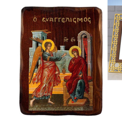 Εικόνα Ορθοδοξίας Πολυτελείας  με  σχεδιο Σταυρούς μαζι με  Βάση σε  8 χρώματα με περίγραμμα χρυσό σε ξύλο Plywood (Πλακάζ)   με  βάση Ο Ευαγγελισμός της Θεοτόκου, Χειροποίητη εικόνα του Ευαγγελισμού της Θεοτόκου, τείχος βυζαντινής τέχνης, θρησκευτικό δώρο, χριστιανική διακόσμηση Διάσταση 26x20 cm (10,2 x 7,9 ίντσες) INTRAEK3kadro3211-3216723677 - Image 1