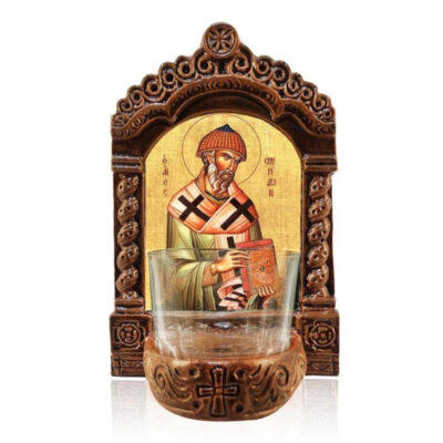 Εικόνα Ορθοδοξίας με περίγραμμα χρυσό σε ξύλο Φλαμουρίας  με  βάση Φωτιστικό Αγρυπνίας Αγίου Σπυρίδωνος, Εικονίδιο Επιτραπέζιας Ελληνικής κατασκευής Αγίου Σπυρίδωνος Τριμυθούς, Χειροποίητο Κεραμικό Φωτιστικό με Γυάλινο Κύπελλο Διάσταση 40x30 cm (15,8 x 11,8 ίντσες)INTRAEK-43216723869 - Image 1