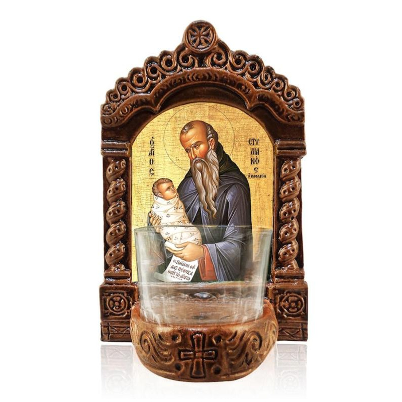 Εικόνα Ορθοδοξίας με περίγραμμα χρυσό σε ξύλο Φλαμουρίας  με  βάση Φωτιστικό Αγρυπνίας Αγίου Στυλιανού, Παιδικός Προστάτης Αγίου Στυλιανού, Ελληνικής κατασκευής Επιτραπέζια εικόνα, Χειροποίητο Κεραμικό Φωτιστικό με Γυάλινο Κύπελλο Διάσταση 40x30 cm (15,8 x 11,8 ίντσες)INTRAEK-43216723868