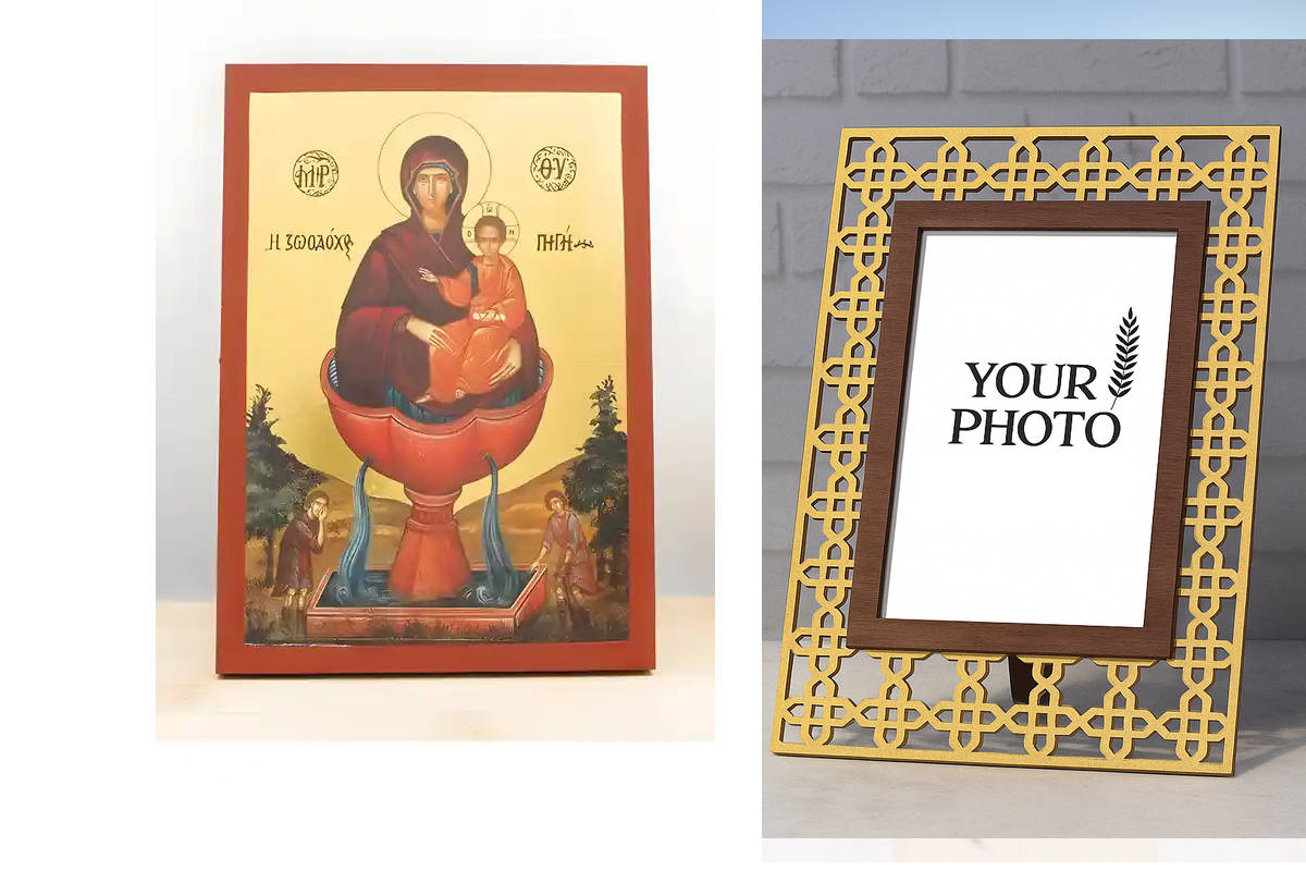 Εικόνα Ορθοδοξίας Πολυτελείας με σχεδιο Σταυρούς μαζι με Βάση σε 8 χρώματα με περίγραμμα χρυσό σε ξύλο Plywood (Πλακάζ) με βάση Παναγία η Ζωοδόχος Πηγή με τον Ιησού, Ξύλινη Χειροποίητη Εικόνα με Ψηφιακή Εκτύπωση Ελληνικό Premium Βυζαντινού Στυλ Κρεμαστό τοίχου Θρησκευτικά Χειροποίητη Ελληνορθόδοξη εικόνα του Ιησού Χριστού, Κρεμαστή πλάκα βυζαντινής τέχνης, χριστιανική τέχνη 45x35 cm (17,7 x 13,8 ίντσες) INTRAEK3kadro3211-342110905