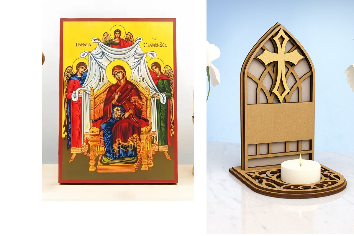 Εικόνα Ορθοδοξίας Καντηλάκι σε  8 χρώματα με περίγραμμα χρυσό σε ξύλο Plywood (Πλακάζ)   με  βάση Παναγία στην εγκυμοσύνη, Ξύλινη Χειροποίητη Εικόνα Ελληνικού Premium Βυζαντινού Στυλ Κρεμασμένο σε ξύλινη πλάκα Θρησκευτικό θέμα Χειροποίητη Ελληνορθόδοξη εικόνα του Ιησού Χριστού, Κρεμαστή πλάκα βυζαντινής τέχνης, χριστιανική τέχνη Διάσταση 26x20 cm (10,2 x 7,9 ίντσες)  INTRAEKkadro1-22610953