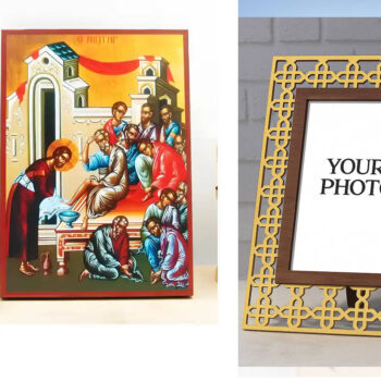 Εικόνα Ορθοδοξίας Πολυτελείας  με  σχεδιο Σταυρούς μαζι με  Βάση σε  8 χρώματα με περίγραμμα χρυσό σε ξύλο Plywood (Πλακάζ)   με  βάση The Washbowl, Ιησούς Χριστός που πλένει τα πόδια των Αποστόλων, Ξύλινη Χειροποίητη Εικόνα Ελληνικού Premium Βυζαντινού Στυλ τοίχου Κρεμασμένη σε ξύλινη πλάκα Θρησκευτικό Χειροποίητη Ελληνορθόδοξη εικόνα του Ιησού Χριστού, Κρεμαστή πλάκα βυζαντινής τέχνης, χριστιανική τέχνη Διάσταση 40x30 cm (15,8 x 11,8 ίντσες)  INTRAEK3kadro3211-2111018 - Image 1