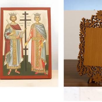 Εικόνα Ορθοδοξίας Δαντέλα μαζι με  Βάση σε  8 χρώματα με περίγραμμα χρυσό σε ξύλο Plywood (Πλακάζ)   με  βάση Άγιος Κωνσταντίνος και Αγία Ελένη, Ξύλινη Χειροποίητη Εικόνα με Ψηφιακή Εκτύπωση Ελληνικό Premium Βυζαντινού Στυλ Κρεμαστό τοίχου Θρησκευτικό Θέμα Χειροποίητη Ελληνορθόδοξη εικόνα του Ιησού Χριστού, Κρεμαστή πλάκα βυζαντινής τέχνης, χριστιανική τέχνη Διάσταση 26x20 cm (10,2 x 7,9 ίντσες)  INTRAEKkadro3211-22610922 - Image 1