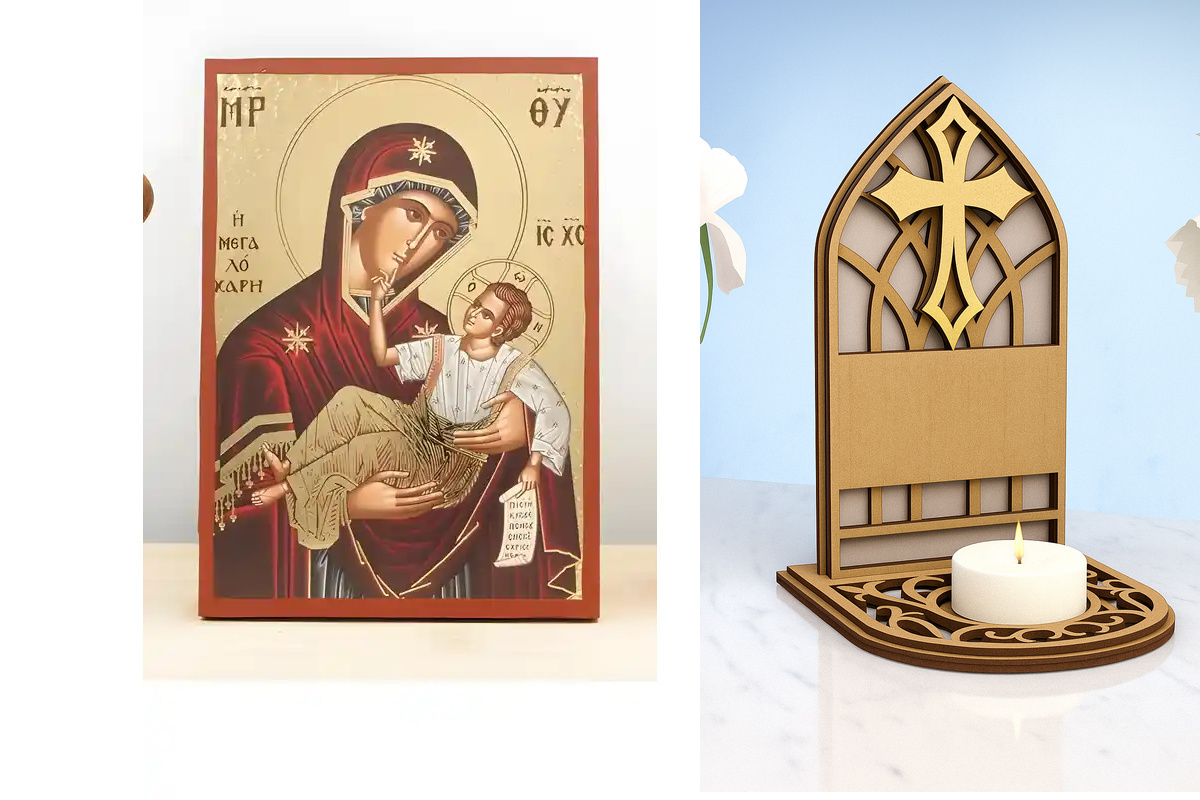 Εικόνα Ορθοδοξίας Καντηλάκι σε 8 χρώματα με περίγραμμα χρυσό σε ξύλο Plywood (Πλακάζ) με βάση Παναγία της Μεγάλης Χάριτος "Μεγαλόχαρη" με τον Ιησού, Ξύλινη Χειροποίητη Εικόνα με Χαρακτική Ελληνική Βυζαντινής Στυλ Κρεμάστρα Χειροποίητη Ελληνορθόδοξη εικόνα του Ιησού Χριστού, Κρεμαστή πλάκα βυζαντινής τέχνης, χριστιανική τέχνη Διάσταση 26x20 cm (10,2 x 7,9 ίντσες) INTRAEKkadro1-22611182