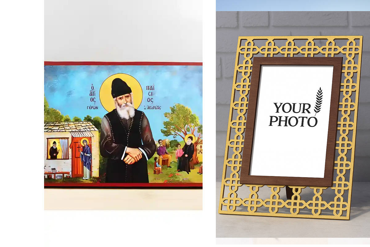 Εικόνα Ορθοδοξίας Πολυτελείας  με  σχεδιο Σταυρούς μαζι με  Βάση σε  8 χρώματα με περίγραμμα χρυσό σε ξύλο Plywood (Πλακάζ)   με  βάση Άγιος Παΐσιος ο Αγιορείτης Κάθετη, Ξύλινη Χειροποίητη Εικόνα Ελληνικής Premium Βυζαντινού Στυλ Κρεμαστή σε ξύλινη πλάκα Θρησκευτικό Θέμα Χειροποίητη Ελληνορθόδοξη εικόνα του Ιησού Χριστού, Κρεμαστή πλάκα βυζαντινής τέχνης, χριστιανική τέχνη 45x35 cm (17,7 x 13,8 ίντσες)  INTRAEK3kadro3211-342111219