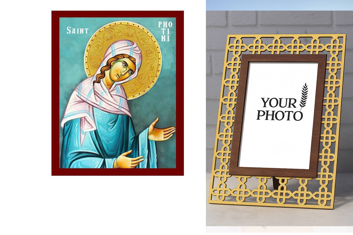 Εικόνα Ορθοδοξίας Πολυτελείας  με  σχεδιο Σταυρούς μαζι με  Βάση σε  8 χρώματα με περίγραμμα χρυσό σε ξύλο Plywood (Πλακάζ)   με  βάση Εικόνα Αγίας Φωτεινής, Χειροποίητη Ορθόδοξη Εικόνα Αγίας Φωτεινής, Επιτοίχια Πλακέτα Βυζαντινής Τέχνης, Χριστιανική Θρησκευτική Τέχνη Διάσταση 10x7 cm (3,9 x 2,8 ίντσες) INTRAEK3kadro3211-816723803