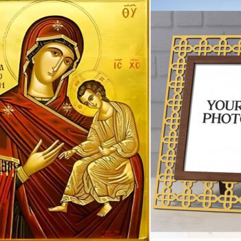 Εικόνα Ορθοδοξίας Πολυτελείας  με  σχεδιο Σταυρούς μαζι με  Βάση σε  8 χρώματα με περίγραμμα χρυσό σε ξύλο Plywood (Πλακάζ)   με  βάση Εικόνα Παναγία Οδηγήτρια, Κεχαριτωμένη Χειροποίητη Ελληνορθόδοξη , Κρεμαστή πλάκα βυζαντινής τέχνης, χριστιανική τέχνη Διάσταση 15x11 cm (5,9 x 4,3 ίντσες) INTRAEK3kadro3211-8671233 - Image 1