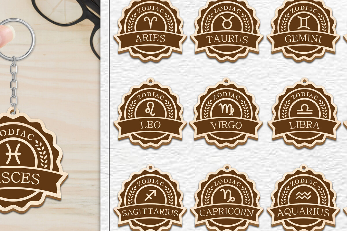 Intra απο ξύλο plywood 3mm-4mm πάχος 12 Σχέδιο Zodiac Keychain Δίασταση 6x6 cm INTRAFABR-102216496 - Image 1