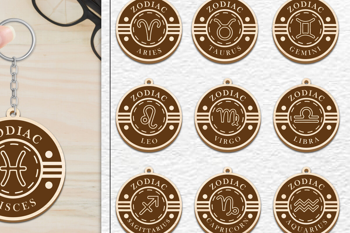 Intra απο ξύλο plywood 3mm-4mm πάχος 12 Σχέδιο Zodiac Keychain Δίασταση 6x6 cm INTRAFABR-102217317