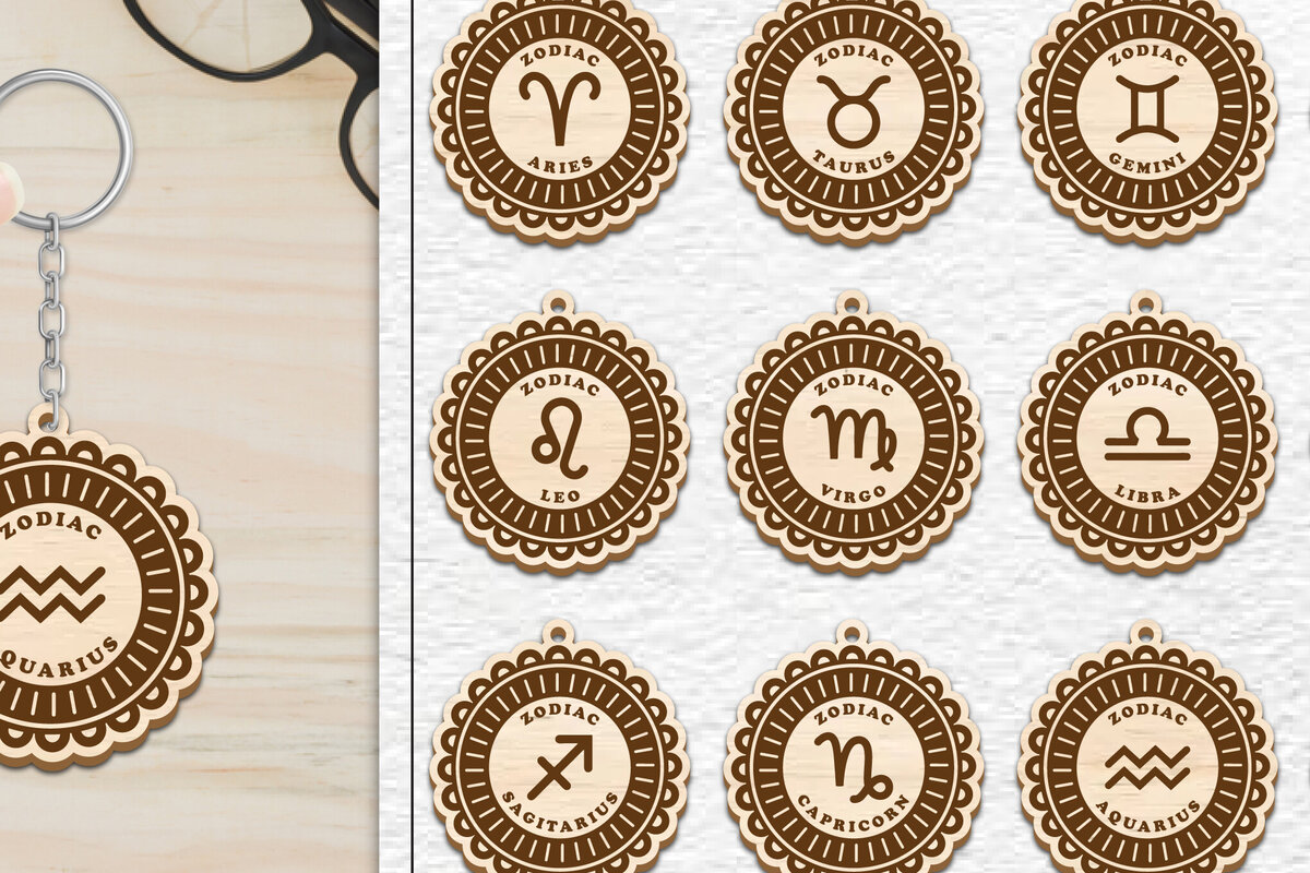 Intra απο ξύλο plywood 3mm-4mm πάχος 12 Σχέδιο Zodiac Keychain Δίασταση 6x6 cm INTRAFABR-102289537 - Image 1