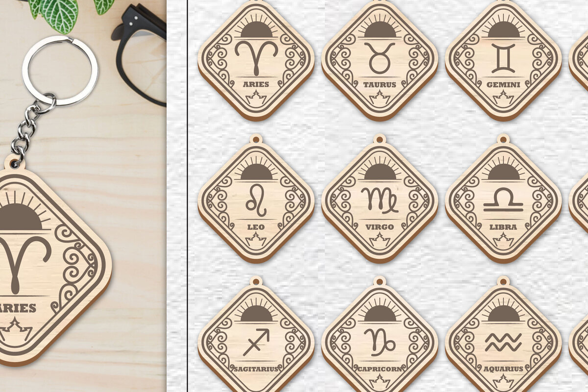 Intra απο ξύλο plywood 3mm-4mm πάχος 12 Σχέδιο Zodiac Keychain Δίασταση 6x6 cm INTRAFABR-100638131