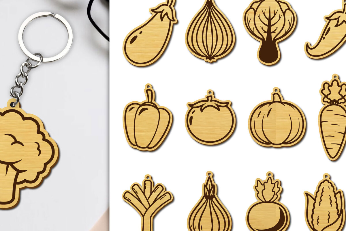 Intra απο ξύλο plywood 3mm-4mm πάχος 15 Design Keychain Vegetables  Δίασταση 6x6 cm INTRAFABR-98692601