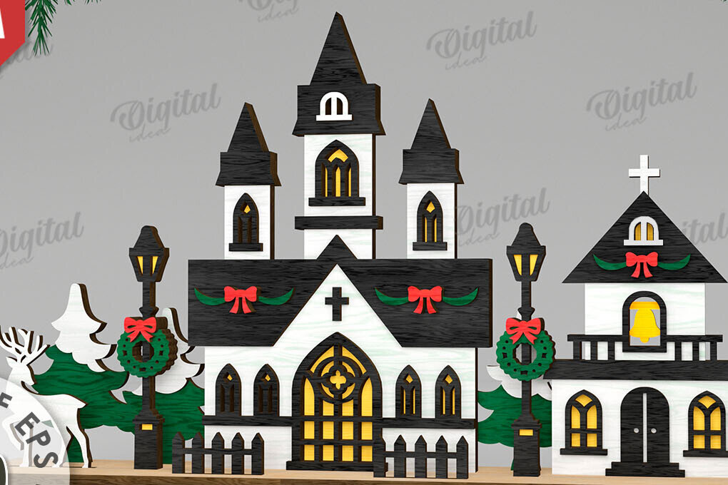 Intra απο ξύλο plywood 3mm-4mm πάχος Τρισδιάστατη χριστουγεννιάτικη εκκλησία κοπής με λέιζερ Δίασταση 15x15 cm INTRAFABR-109486491