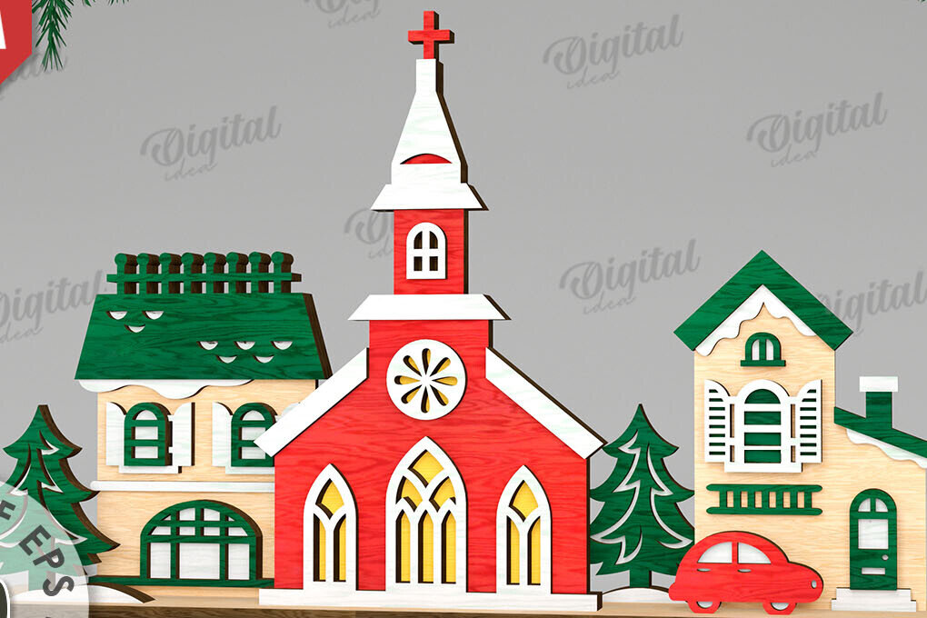 Intra απο ξύλο plywood 3mm-4mm πάχος Τρισδιάστατη χριστουγεννιάτικη εκκλησία κοπής με λέιζερ Δίασταση 15x15 cm INTRAFABR-109486554