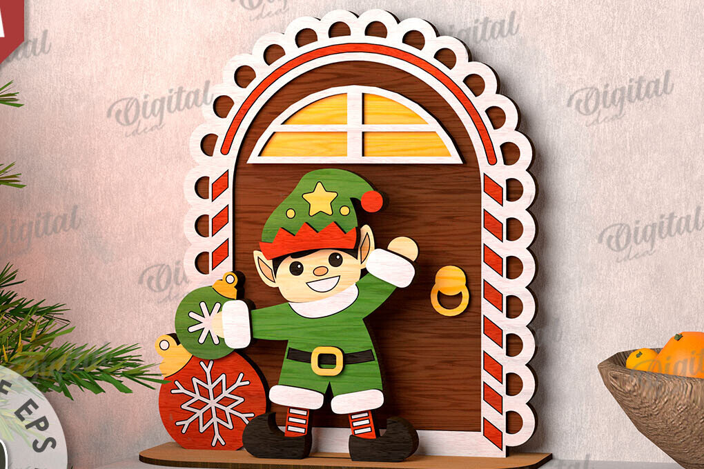 Intra απο ξύλο plywood 3mm-4mm πάχος Τρισδιάστατο χριστουγεννιάτικο ξωτικό στη βεράντα Δίασταση 15x15 cm INTRAFABR-111206011