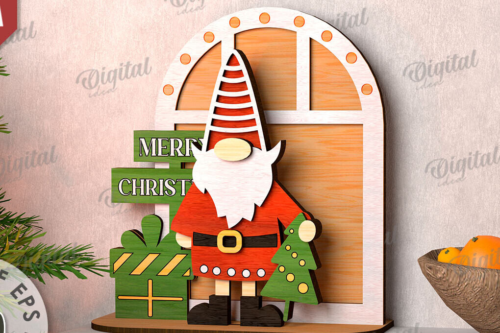 Intra απο ξύλο plywood 3mm-4mm πάχος Τρισδιάστατο Χριστουγεννιάτικο Gnome στη βεράντα  Δίασταση 15x15 cm INTRAFABR-111206168