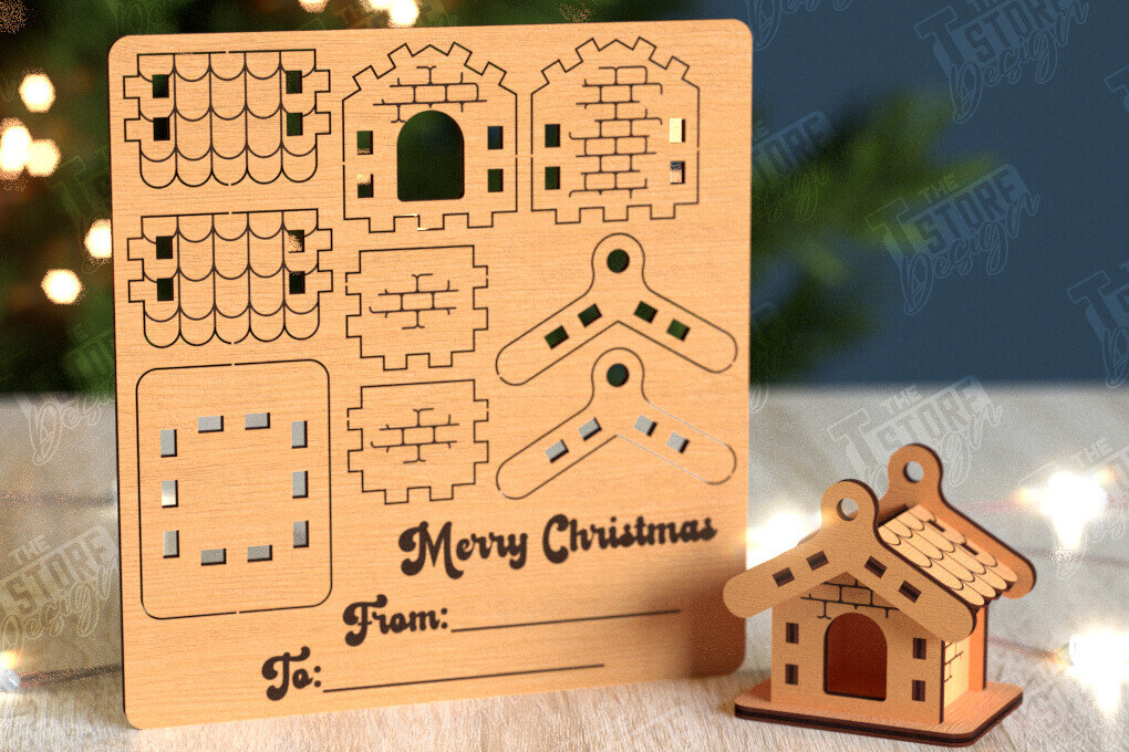 Intra απο ξύλο plywood 3mm-4mm πάχος 3D Χριστουγεννιάτικο Σπίτι |DIY| Χριστουγεννιάτικη κάρτα Δίασταση 15x15 cm INTRAFABR-105659048