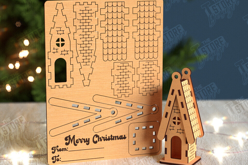 Intra απο ξύλο plywood 3mm-4mm πάχος 3D Χριστουγεννιάτικο Σπίτι |DIY| Χριστουγεννιάτικη κάρτα Δίασταση 15x15 cm INTRAFABR-105659087