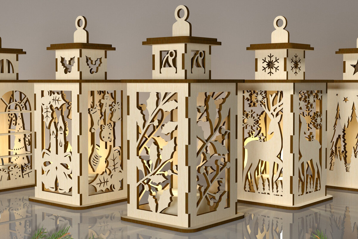 Intra απο ξύλο plywood 3mm-4mm πάχος Τρισδιάστατη δέσμη χριστουγεννιάτικων φαναριών Δίασταση 15x15 cm INTRAFABR-81731027