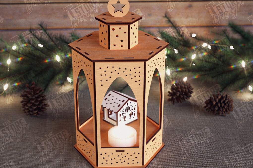 Intra απο ξύλο plywood 3mm-4mm πάχος 3D Χριστουγεννιάτικο Φανάρι | Κηροπήγιο Δίασταση 15x15 cm INTRAFABR-110588504