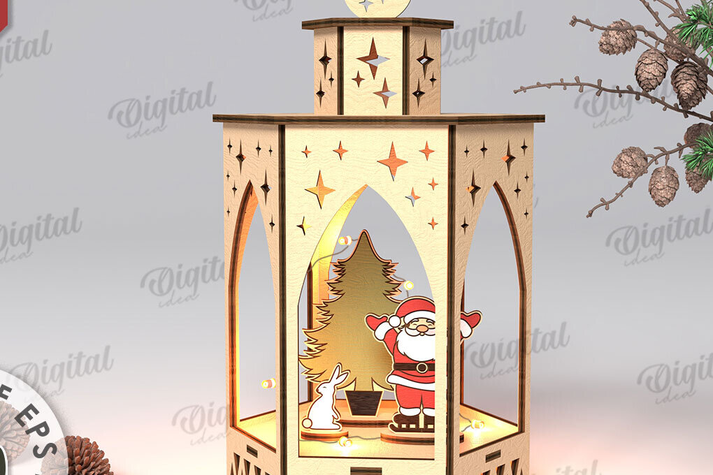 Intra απο ξύλο plywood 3mm-4mm πάχος Τρισδιάστατο σχέδιο κοπής με λέιζερ Χριστουγεννιάτικο φανάρι Δίασταση 15x15 cm INTRAFABR-108833342