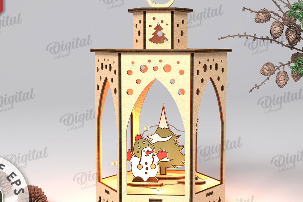 Intra απο ξύλο plywood 3mm-4mm πάχος Τρισδιάστατο σχέδιο κοπής με λέιζερ Χριστουγεννιάτικο φανάρι Δίασταση 15x15 cm INTRAFABR-108833479