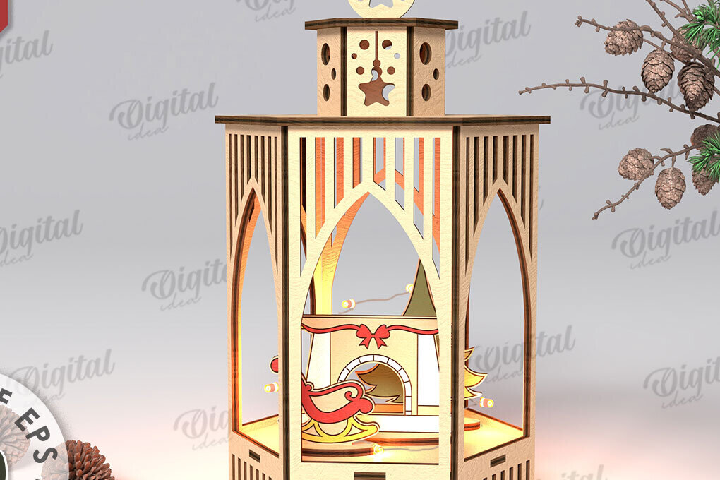Intra απο ξύλο plywood 3mm-4mm πάχος Τρισδιάστατο σχέδιο κοπής με λέιζερ Χριστουγεννιάτικο φανάρι Δίασταση 15x15 cm INTRAFABR-108833544