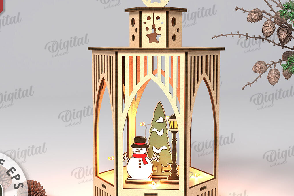 Intra απο ξύλο plywood 3mm-4mm πάχος Τρισδιάστατο σχέδιο κοπής με λέιζερ Χριστουγεννιάτικο φανάρι Δίασταση 15x15 cm INTRAFABR-108833605