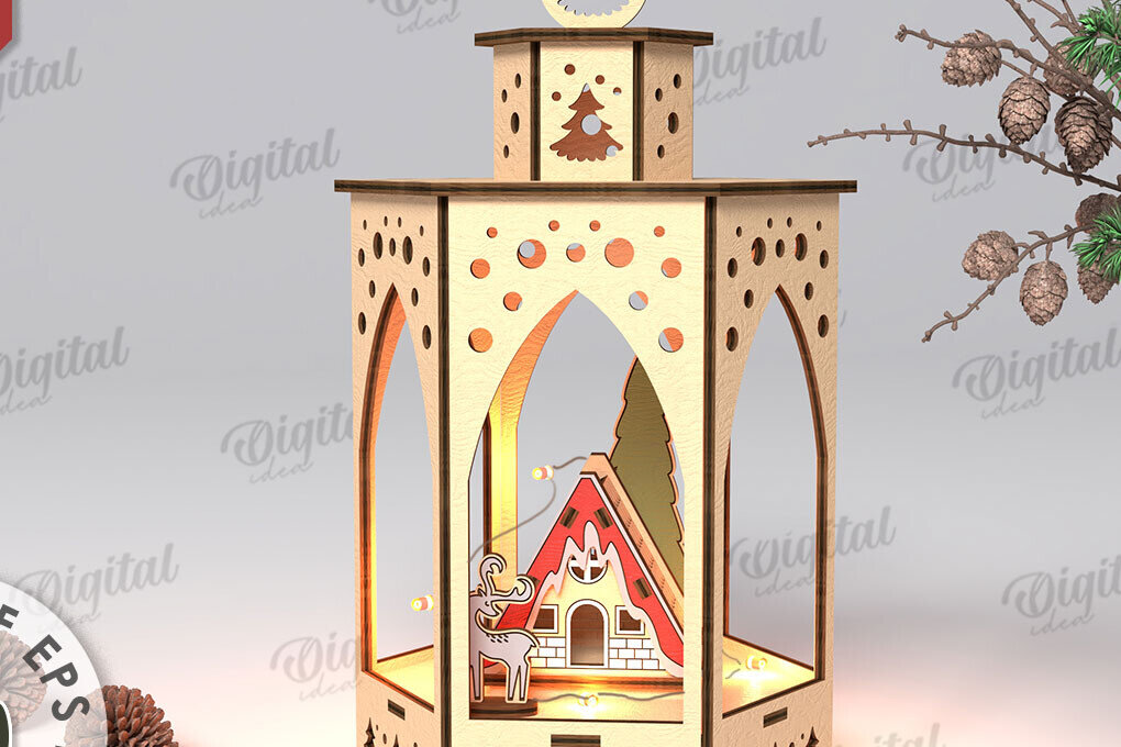 Intra απο ξύλο plywood 3mm-4mm πάχος Τρισδιάστατο σχέδιο κοπής με λέιζερ Χριστουγεννιάτικο φανάρι Δίασταση 15x15 cm INTRAFABR-108833673