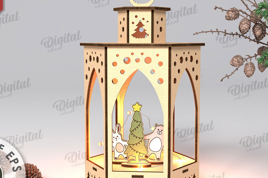 Intra απο ξύλο plywood 3mm-4mm πάχος Τρισδιάστατο σχέδιο κοπής με λέιζερ Χριστουγεννιάτικο φανάρι Δίασταση 15x15 cm INTRAFABR-108833916