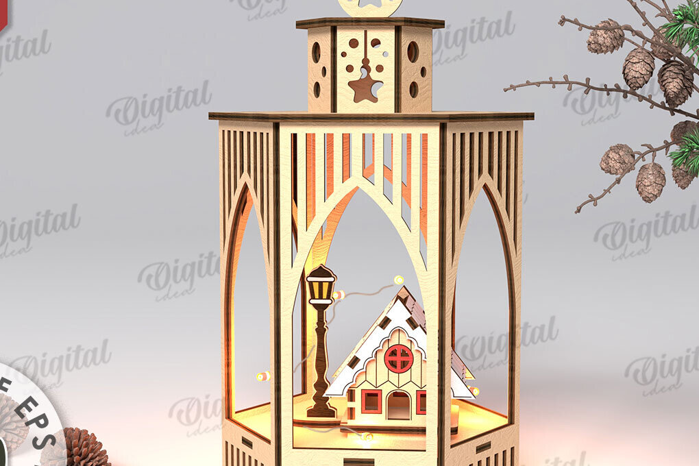 Intra απο ξύλο plywood 3mm-4mm πάχος Τρισδιάστατο σχέδιο κοπής με λέιζερ Χριστουγεννιάτικο φανάρι Δίασταση 15x15 cm INTRAFABR-108833305